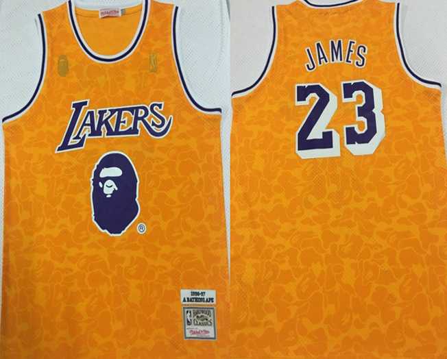 Lakers Bape 23 Lebron James Yellow 1996 97 Hardwood Classics Jersey,We sell and wholesale Lakers Bape 23 Lebron James Yellow 1996 97 Hardwood Classics Jersey on line form chian!